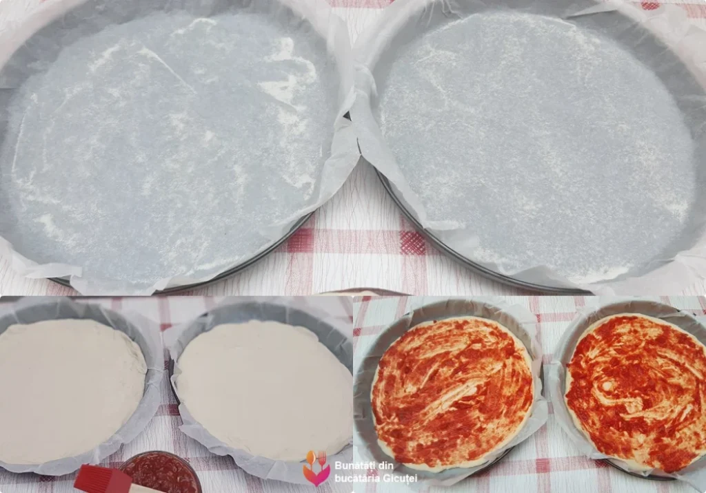 colaj pregatirea tavii si asezarea blatului de pizza