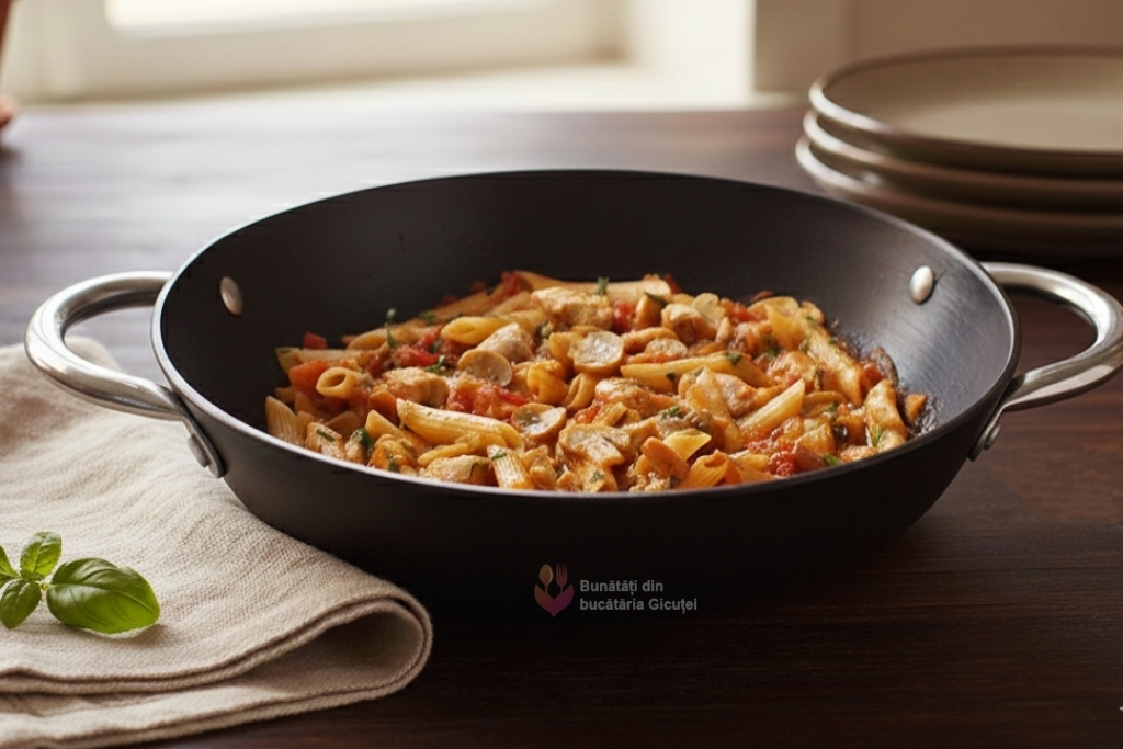 prezentare piept de pui cu ciuperci si paste