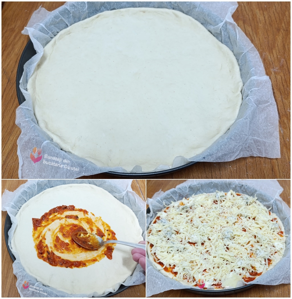 aluatul de pizza intins in tava