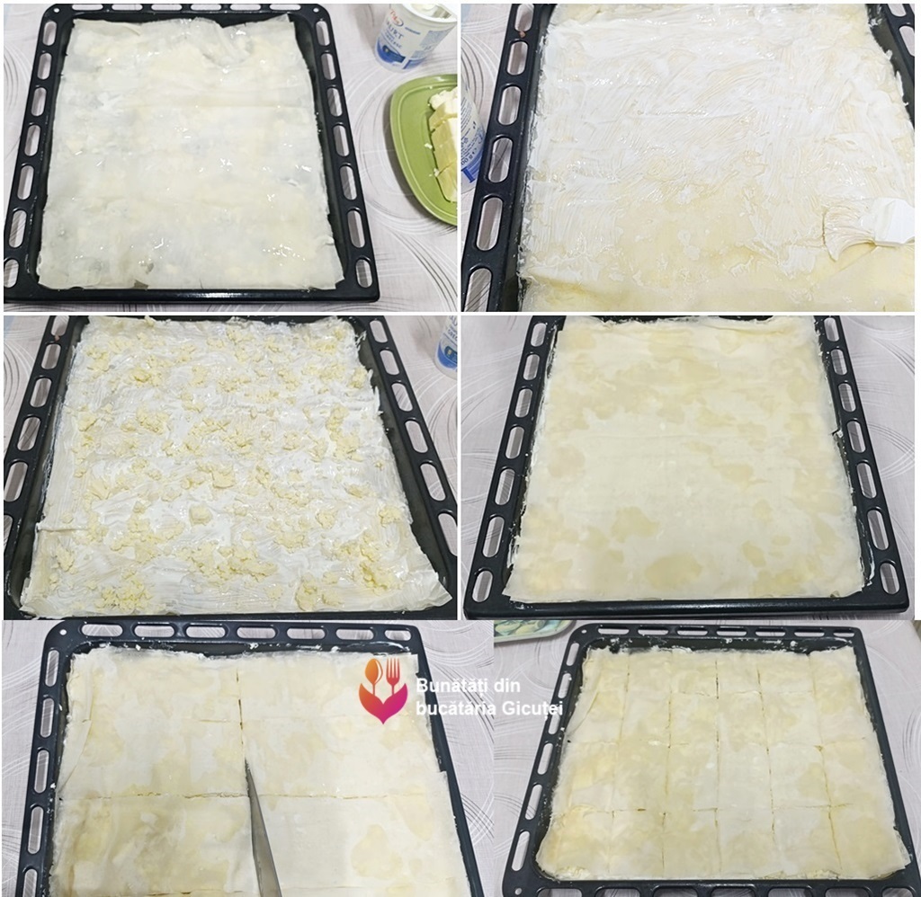 formare straturi de foi, iaurt si branza, portionare