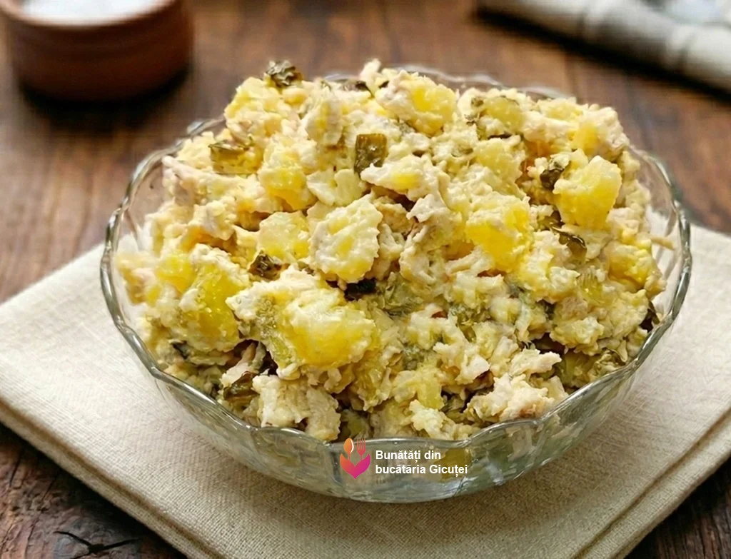 salata cu piept de pui, castraveti murati si dressing din ou fiert