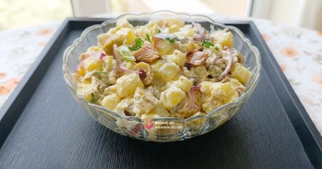 salata de cartofi cu macrou asezata in bolul de servire