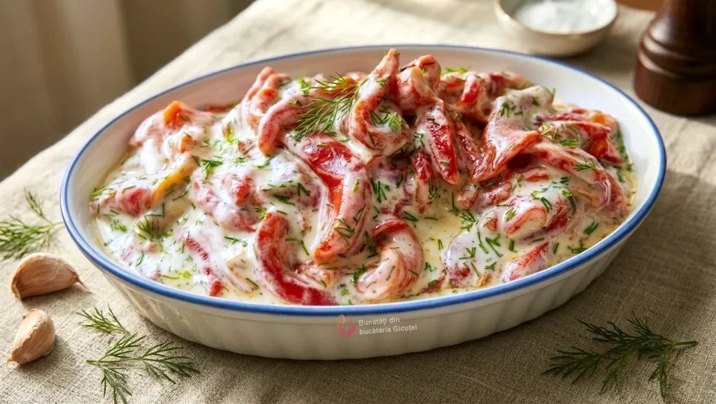 salata de ardei copt cu iaurt,usturoi si marar