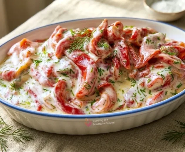 salata de ardei copt cu iaurt,usturoi si marar