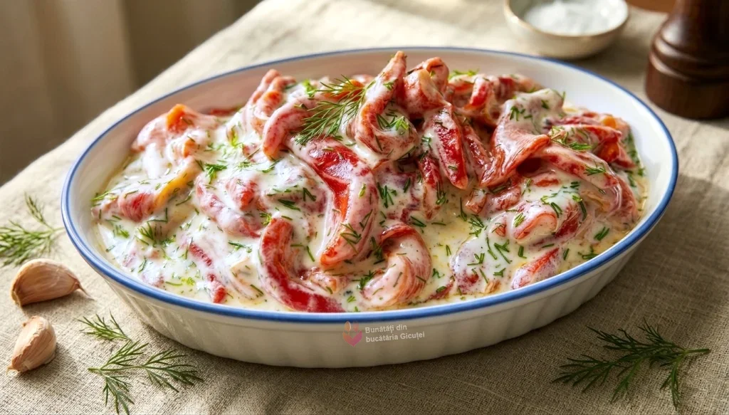 salata de ardei copt cu iaurt,usturoi si marar