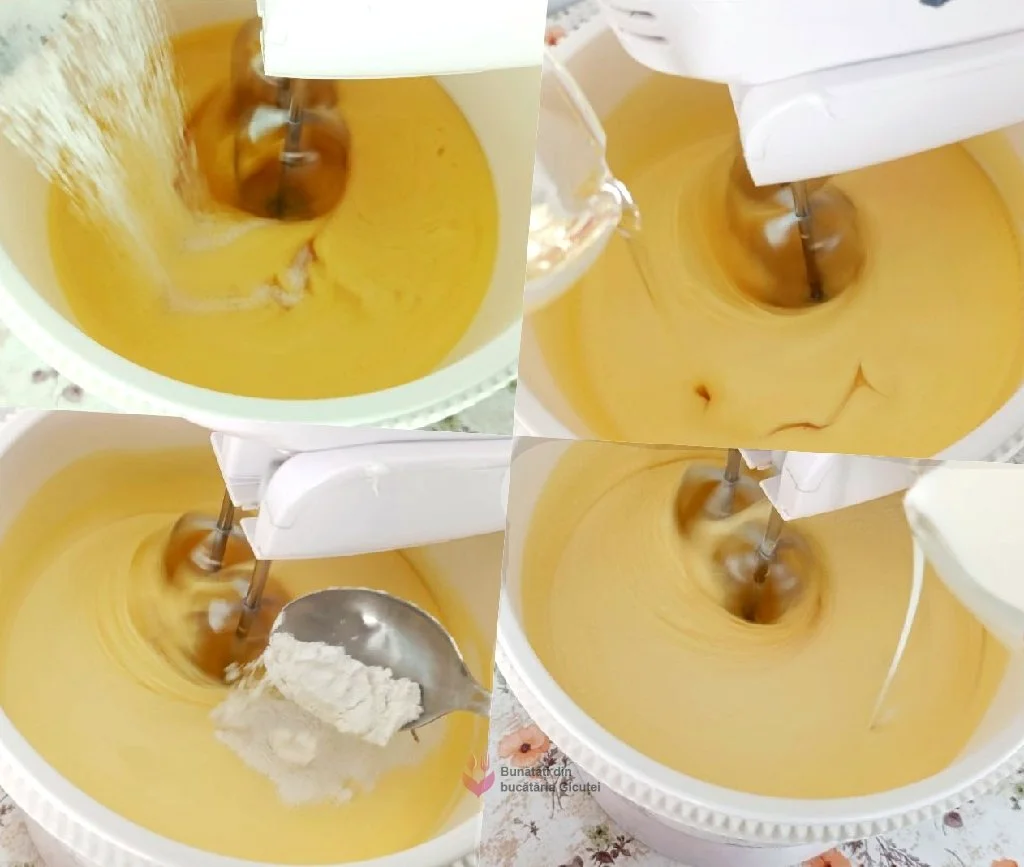 mixarea ingredientelor pentru chec la tava